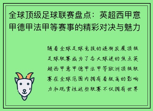全球顶级足球联赛盘点：英超西甲意甲德甲法甲等赛事的精彩对决与魅力分析
