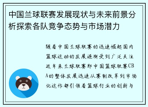 中国兰球联赛发展现状与未来前景分析探索各队竞争态势与市场潜力